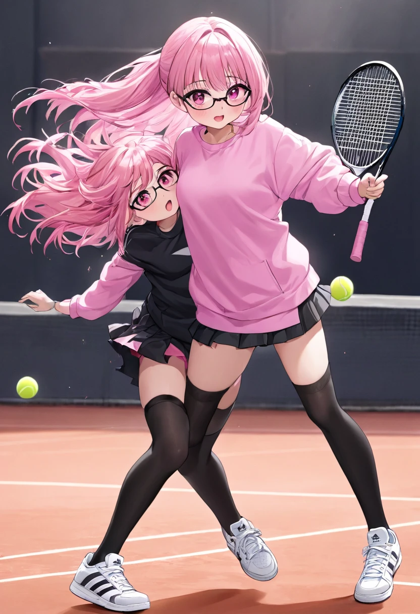 who is 13 years old height 1.49 that she brings money pink hair black glasses pink eyes an extremely blushing face a large pink sweatshirt a short black ripped skirt black stockings white Adidas tennis shoes and that she is an extremely shy girl who is throwing her skirt at a big man