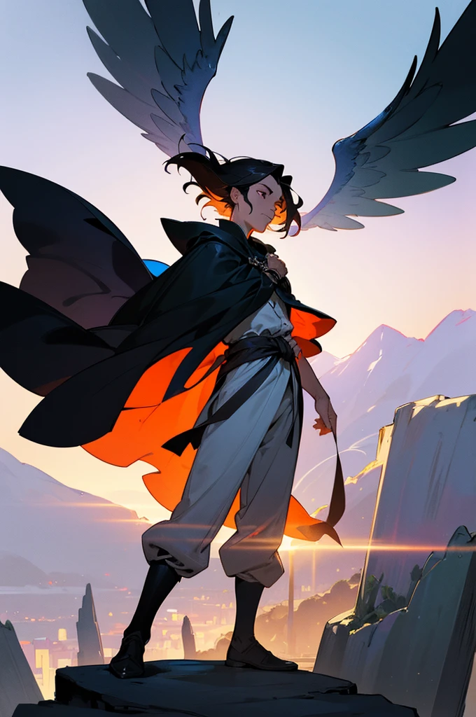 Riven Castellanos, an enigmatic sage, standing atop a craggy cliff overlooking a sprawling cityscape bathed in the soft glow of twilight. His silhouette is stark against the burgeoning night sky, a canvas of deep purples and fiery oranges that mirror the intensity of his spirit. Riven's silky black hair is swept back by the gentle evening breeze, revealing his high, intellectual forehead and a hint of the ethereal blue gleam in his piercing eyes. His lean, powerful frame is draped in a cloak adorned with intricate arcane symbols, the fabric fluttering dramatically around him like the wings of a raven. Beneath the cloak, he wears a tunic and pants made of durable, travel-worn material that whisper of his countless adventures. In his left hand, he holds an ancient tome, its pages fluttering open to reveal ancient incantations written in a language lost to time. His right hand rests on the hilt of a slender, mystical sword, the weapon of choice for a man who wields both intellect and power. The cliff's edge is lined with candles, casting a warm, flickering light that illuminates the shadowy crevices of his stoic face. The city below, a tapestry of lights and life, seems almost insignificant under the weight of his gaze, yet it's clear that he is as much a part of it as he is apart from it. The scene is imbued with a sense of solitude and contemplation, the vastness of the horizon echoing the boundless depths of his curiosity and knowledge. Despite his detachment, there is a palpable aura of charisma that seems to emanate from him, hinting at the fierce loyalty and empathy hidden beneath his enigmatic exterior. His stance is that of a man who has seen much and understood more, his eyes filled with a quiet wisdom that speaks volumes about his journey through the arcane and the unexplained. The setting sun casts a long shadow at his feet, a metaphor for the line he walks between the known and the unknown, forever seeking the secrets that lie just beyond the edge of the li