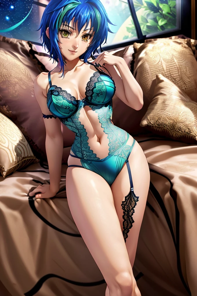 (Xenovia_Quarta, high school dxd, short hair, multicolored hair, blue hair, green streak hair, (breasts, medium size breasts) eyes, yellow eyes, thurime, beautiful face, 18 years old, nice hands, perfect hands,

(standing, smilling)

(outfit: lingerie+, blue lingerie+, one-piece, lace, see-through)

(background: bedroom, bed, bedsheets, pillows, windows, night time, starry sky, moon)

(((masterpiece, high quality, best illustration, high resolution, 1girl, solo)))