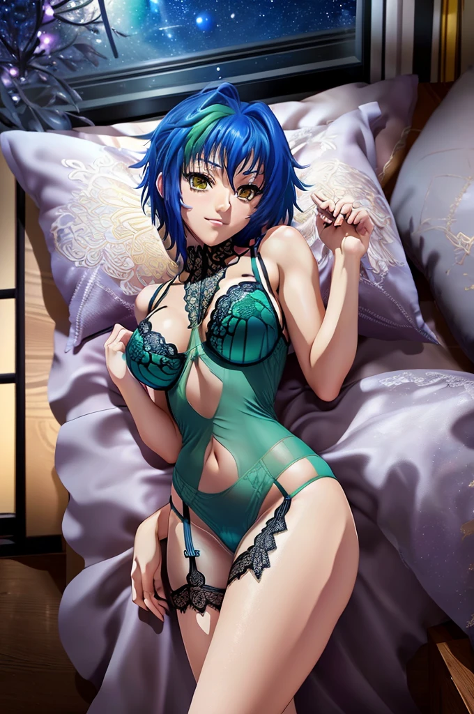 (Xenovia_Quarta, high school dxd, short hair, multicolored hair, blue hair, green streak hair, (breasts, medium size breasts) eyes, yellow eyes, thurime, beautiful face, 18 years old, nice hands, perfect hands,

(standing, smilling)

(outfit: lingerie+, blue lingerie+, one-piece, lace, see-through)

(background: bedroom, bed, bedsheets, pillows, windows, night time, starry sky, moon)

(((masterpiece, high quality, best illustration, high resolution, 1girl, solo)))