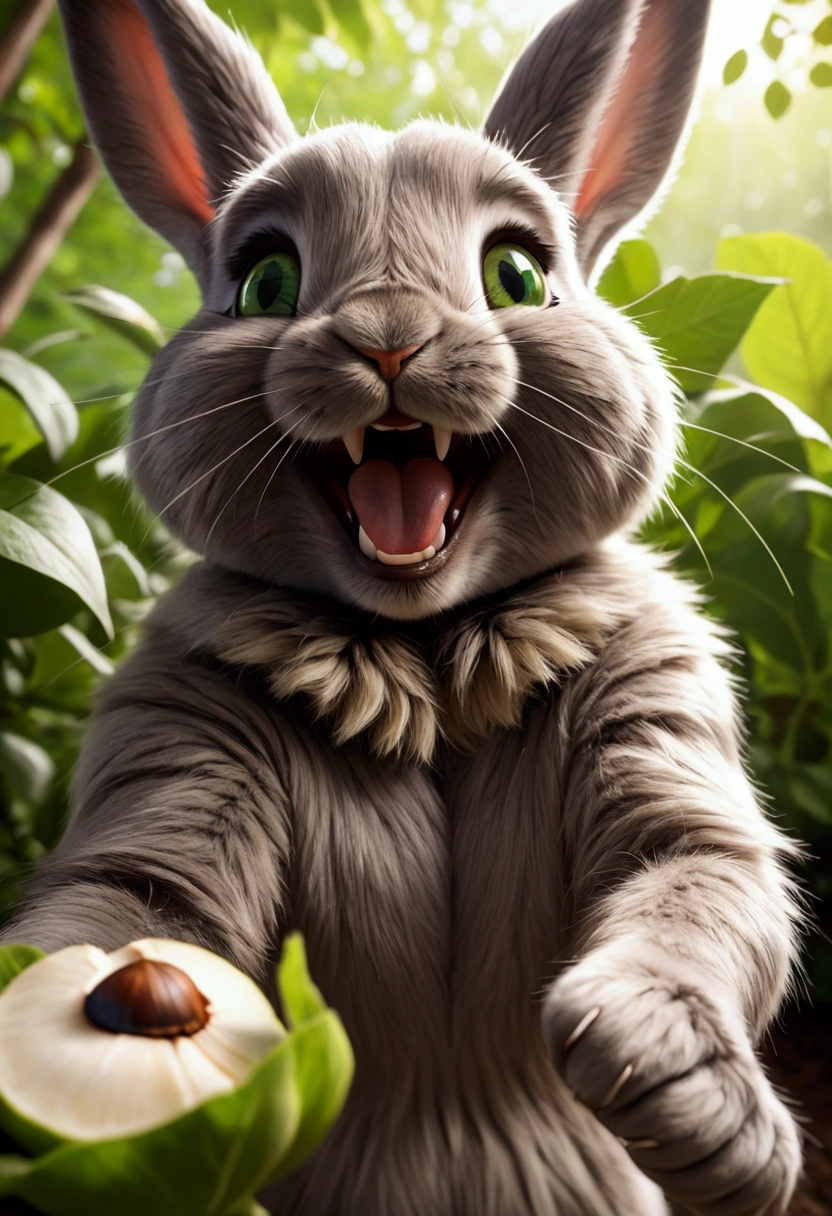 RAW photo in sequence, a photo of a happy furry Lapinzo Coquinha, ((Front and back selfie, smiling)), with some black garlic with green leaves in a piece, light brown fur, Well-defined facial details, slightly blurred backgrounds, natural lighting, HDR, realistic picture, professional image, Flirting with the viewer, Charming appearance, photorealestic, adorable, natural skin, 4k uhd, good quality, big effect