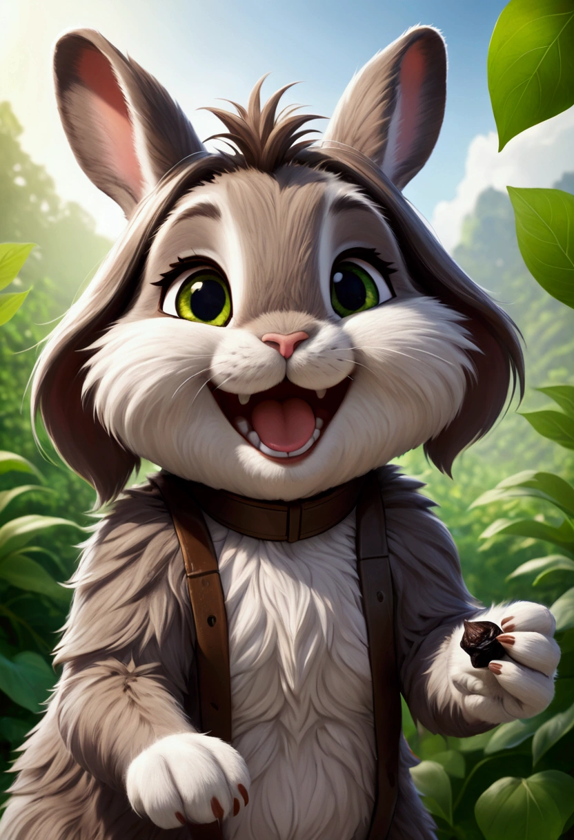 RAW photo in sequence, a photo of a happy furry Lapinzo Coquinha, ((Front and back selfie, smiling)), with some black garlic with green leaves in a piece, light brown fur, Well-defined facial details, slightly blurred backgrounds, natural lighting, HDR, realistic picture, professional image, Flirting with the viewer, Charming appearance, photorealestic, adorable, natural skin, 4k uhd, good quality, big effect