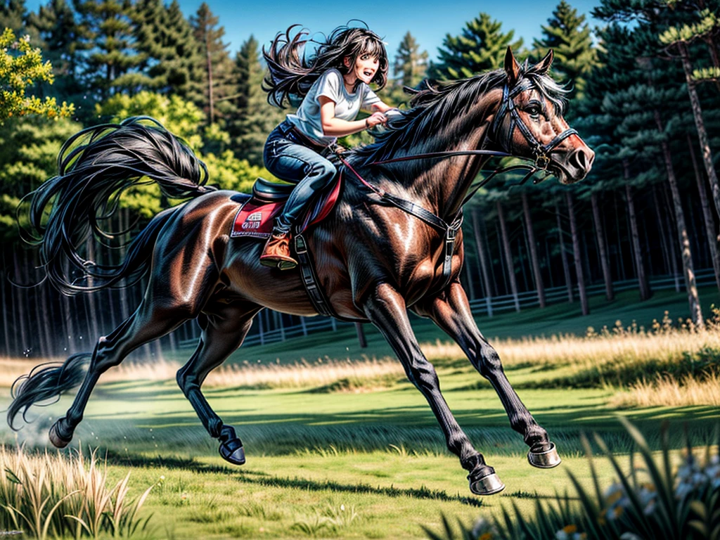 huge fat black Shire  horse. Running cheerfully in grass meadow , contemporary art, Photorealistic , Very high resolution artwork , 8K ,  pine forest, bright blue sky. BBW Black African  rider.