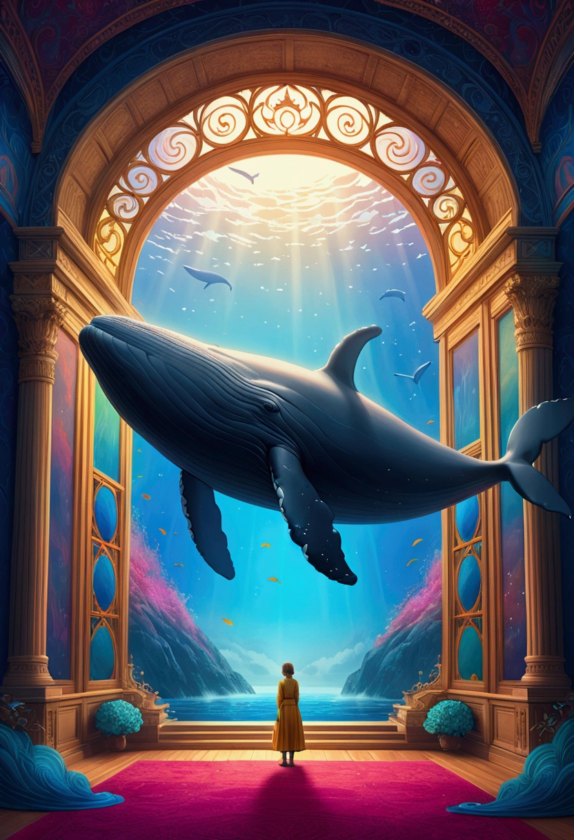 (Flying Whale), nestled in a colorful hidden nook between the sheer, multi-colored, colorful the misty wind creating an ethereal background, full body, award-winning, cinematic still, emotional, vignette, dynamic, vivid, (masterpiece, best quality, Professional, perfect composition, very aesthetic, absurdres, ultra-detailed, intricate details:1.3)
