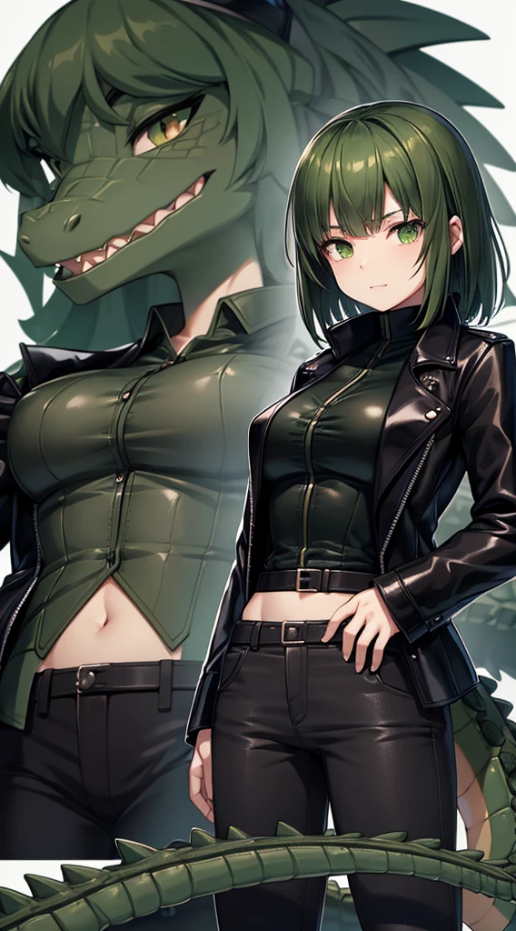 Crocodile girl,Crocodile girl,Crocodile tail,Crocodile tail,长着Crocodile tail的女孩,Dark green hair,Dark green hair,trousers,Black jeans,Standing posture,Black coat,Black coat,Black coat,Crocodile tail,Alligator leather arm,Crocodile leather jacket style,Close-up above the waist