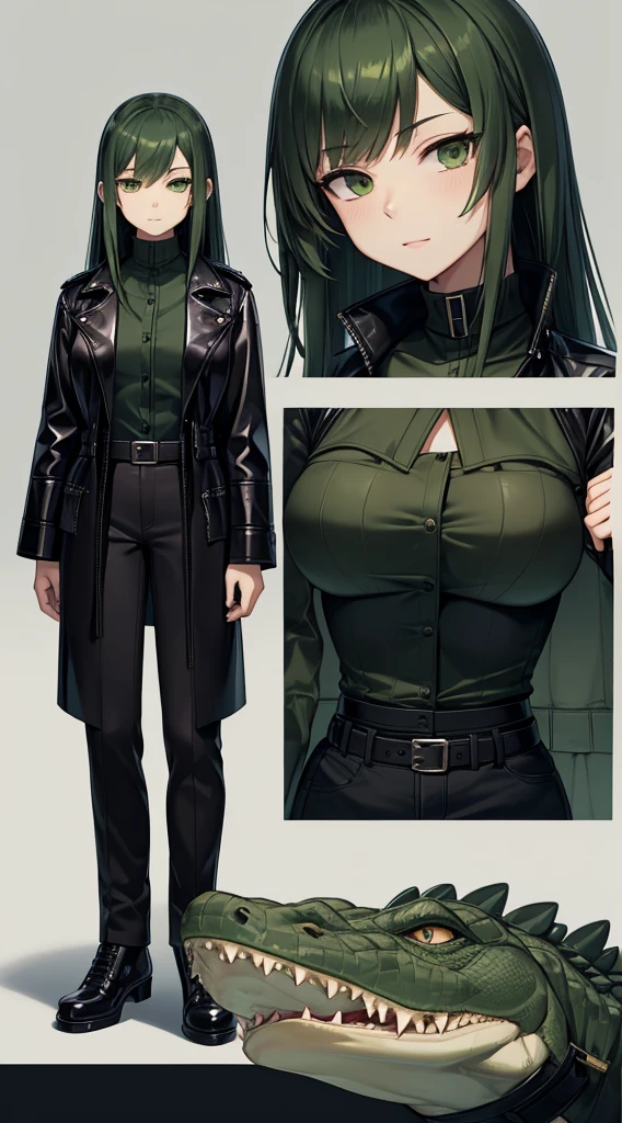 Crocodile girl,Crocodile girl,Crocodile tail,Crocodile tail,长着Crocodile tail的女孩,Dark green hair,Dark green hair,trousers,Black jeans,Standing posture,Black coat,Black coat,Black coat,Crocodile tail,Alligator leather arm,Crocodile leather jacket style,Close-up above the waist