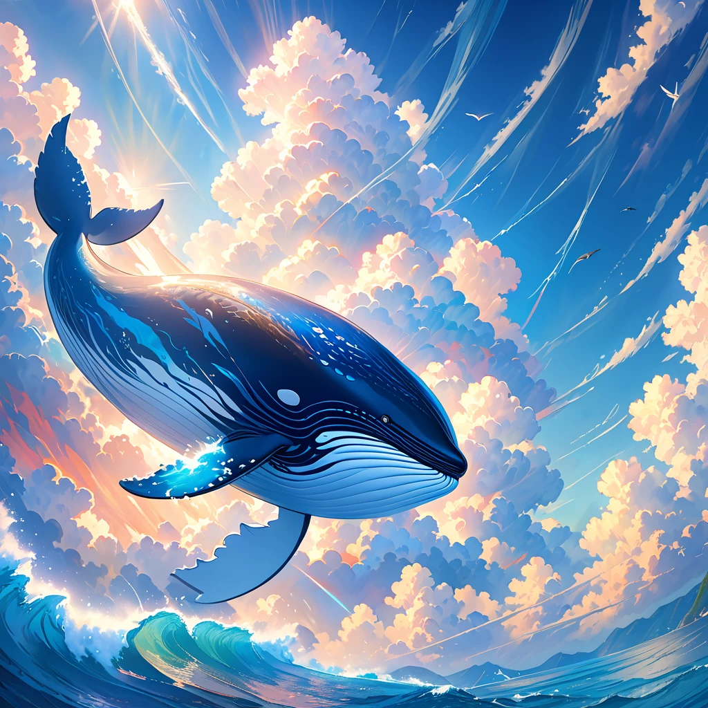 Flying whale, giant whale, soaring through the sky, blue sky, white clouds, rays of light penetrating the clouds, intricate details of the whale's body, smooth skin, spectacular scene, dreamy colors, ocean elements, ocean texture, ocean blue hues, sense of mystery, infinite space, high quality details, (best quality,4k,8k,highres,masterpiece:1.2),ultra-detailed,(realistic,photorealistic,photo-realistic:1.37), HDR, UHD, studio lighting, vivid colors, phys...