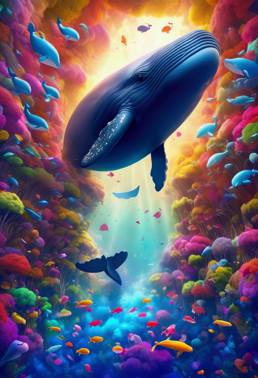 (Flying Whale), nestled in a colorful hidden nook between the sheer, multi-colored, colorful the misty wind creating an ethereal background, full body, award-winning, cinematic still, emotional, vignette, dynamic, vivid, (masterpiece, best quality, Professional, perfect composition, very aesthetic, absurdres, ultra-detailed, intricate details:1.3)