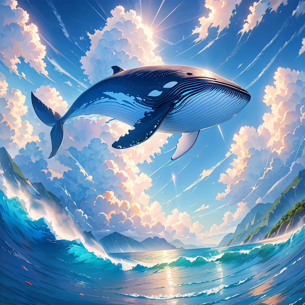 Flying whale, giant whale, soaring through the sky, blue sky, white clouds, rays of light penetrating the clouds, intricate details of the whale's body, smooth skin, spectacular scene, dreamy colors, ocean elements, ocean texture, ocean blue hues, sense of mystery, infinite space, high quality details, (best quality,4k,8k,highres,masterpiece:1.2),ultra-detailed,(realistic,photorealistic,photo-realistic:1.37), HDR, UHD, studio lighting, vivid colors, phys...