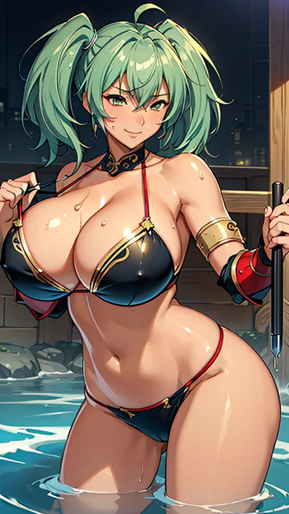 Highest quality, Ultra-high resolution, Browsing Caution, Ultra-detailed, Exquisitely crafted, masterpiece,Lu Bu、Super huge breasts、Super Breasts、Wet Skin、Dripping Sweat、Glowing Skin、smile、Bikini Armor（DQIII Female Warrior）