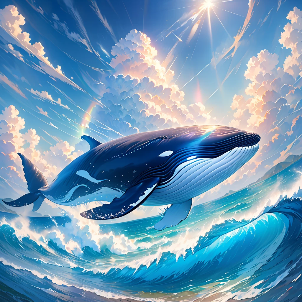 Flying whale, giant whale, soaring through the sky, blue sky, white clouds, rays of light penetrating the clouds, intricate details of the whale's body, smooth skin, spectacular scene, dreamy colors, ocean elements, ocean texture, ocean blue hues, sense of mystery, infinite space, high quality details, (best quality,4k,8k,highres,masterpiece:1.2),ultra-detailed,(realistic,photorealistic,photo-realistic:1.37), HDR, UHD, studio lighting, vivid colors, phys...