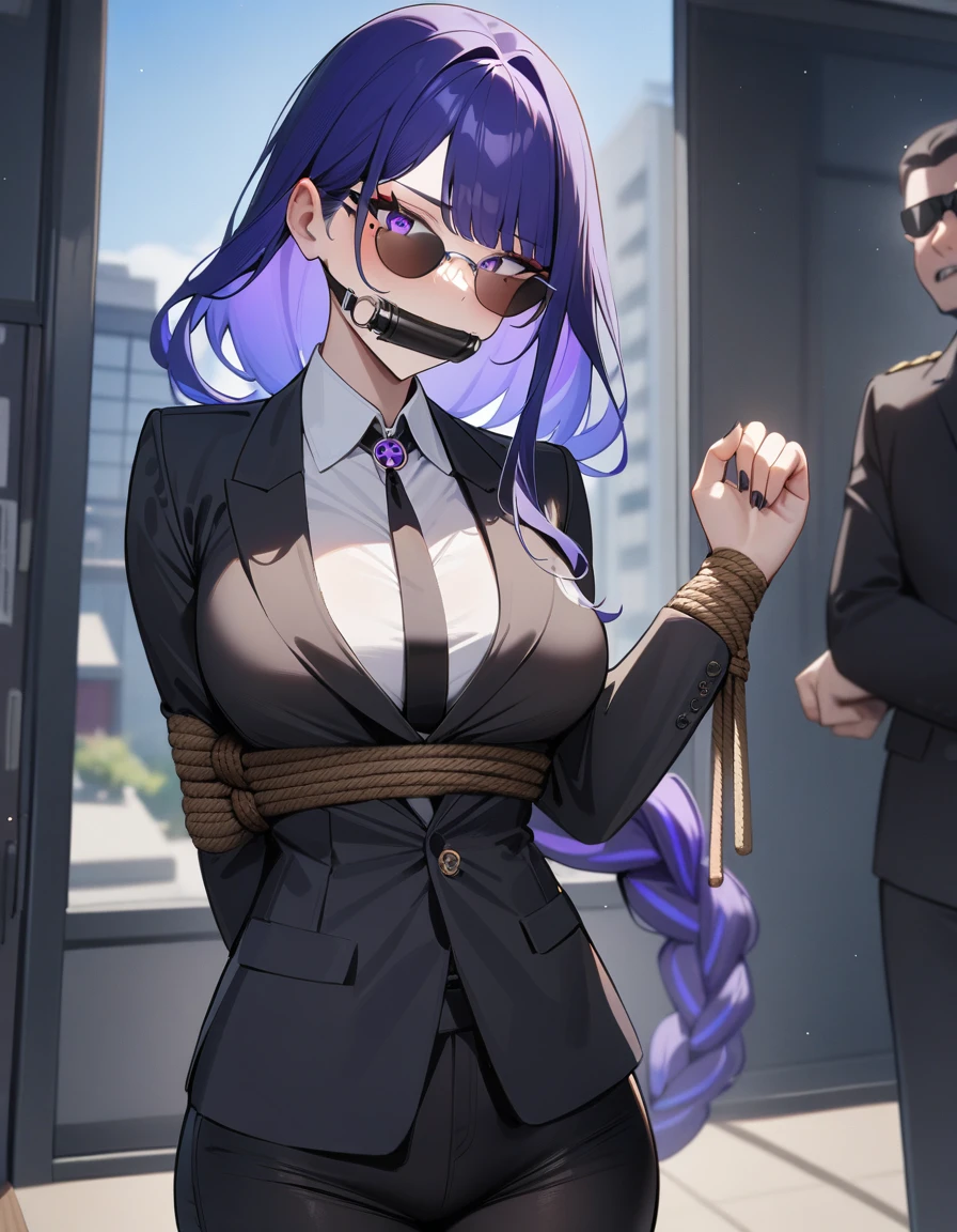 1girl, raiden shogun, genshin impact,officer,perfect Sunglasses, suit,cool,rope,bondage,hand behind back,office,bandit gag,gaged,masterpiece,very aesthetic,newest,sensitive