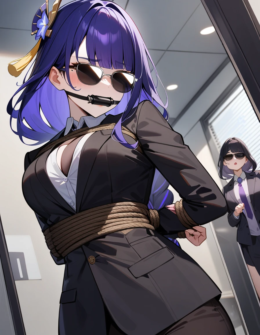 1girl, raiden shogun, genshin impact,officer,perfect Sunglasses, suit,cool,rope,bondage,hand behind back,office,bandit gag,gaged,masterpiece,very aesthetic,newest,sensitive