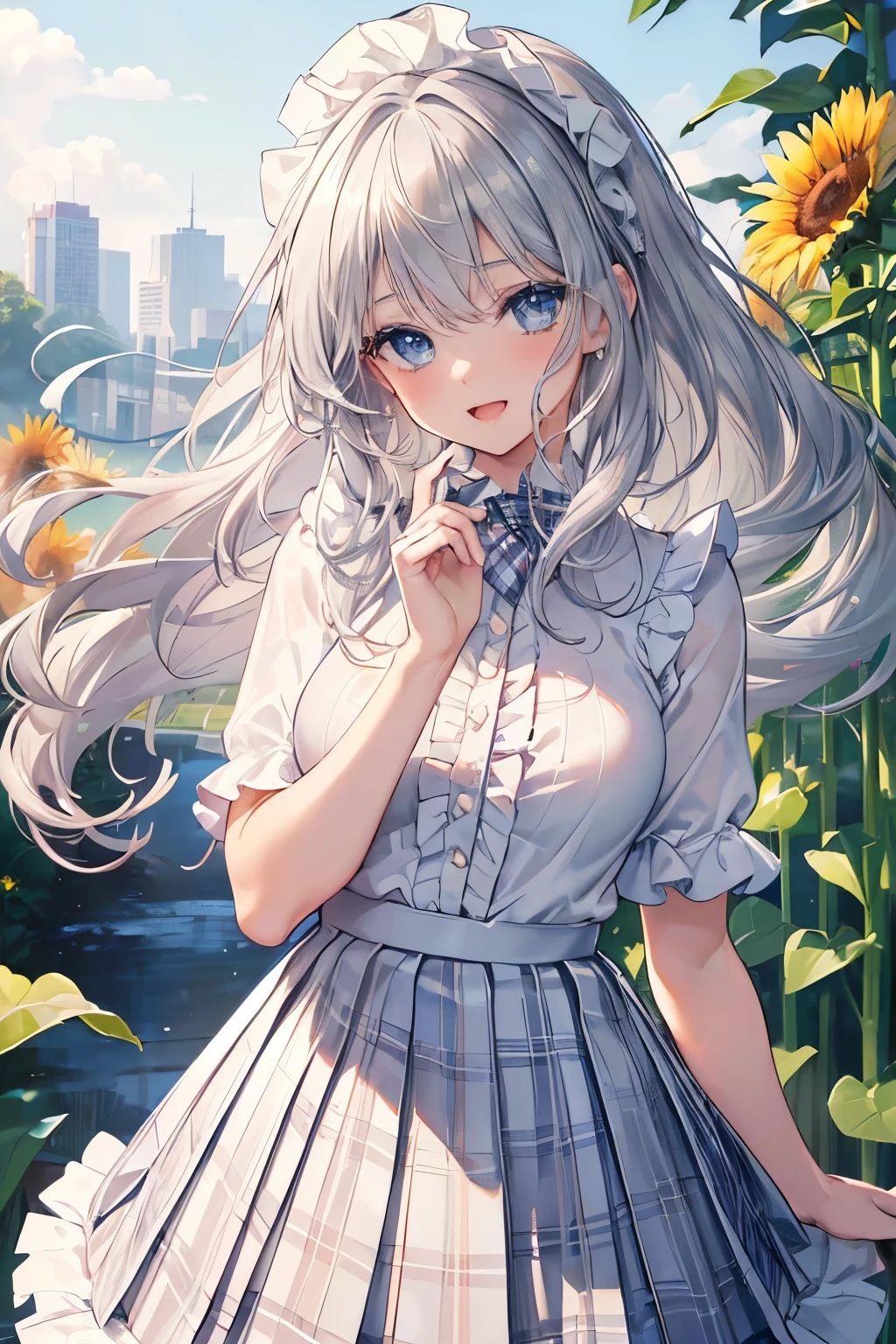 (Best quality,4K,8K,High resolution,Masterpiece:1.2),Super detailed,(Actual, Realistic),
break,
((Beautiful clear blue eyes:1.2)),very kind eyes,eyes wide open,beautiful eyelashes,beautiful lower eyelashes,
break,
((Beautiful and shiny silver hair:1.3)),A dazzling smile, a bursting smile, an open mouth laugh,
break,
((white dress shirt with cute frills, beautiful pleated skirt with plaid pattern):1.3),
break,
sunflower field
