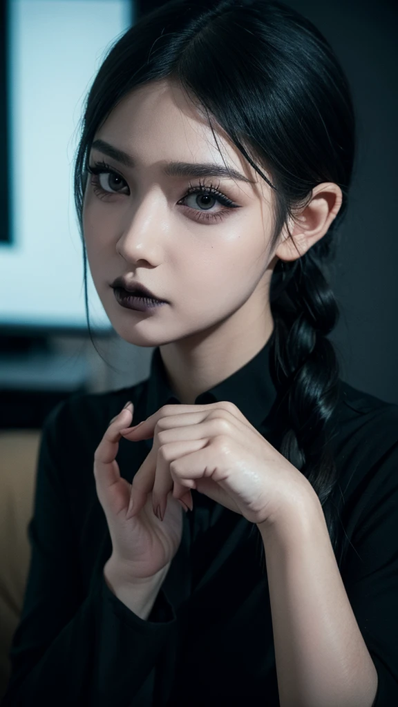((best quality)), ((masterpiece)), (detailed), 1girl, Black shirt, leggings, masterpiece, watching TV, ultra detail, black hair, cute, baby face, Gothic, black make up eyes, neck headband, black lipstick, narrowed eyes (cynical), plump, Hair tied, Hand accessories