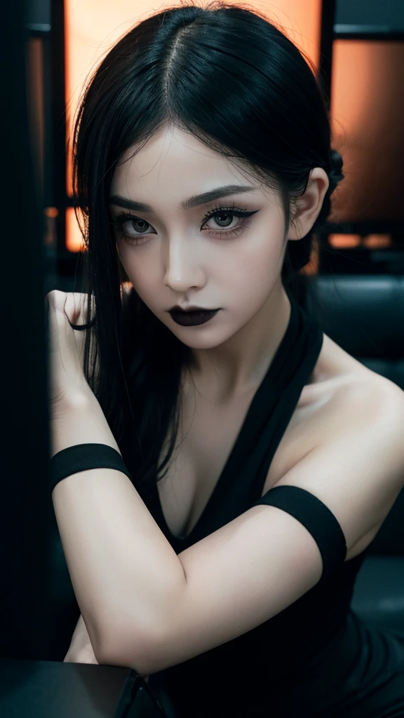 ((best quality)), ((masterpiece)), (detailed), 1girl, Black shirt, leggings, masterpiece, watching TV, ultra detail, black hair, cute, , Gothic, black make up eyes, neck headband, black lipstick, narrowed eyes (cynical), plump, Hair tied, Hand accessories