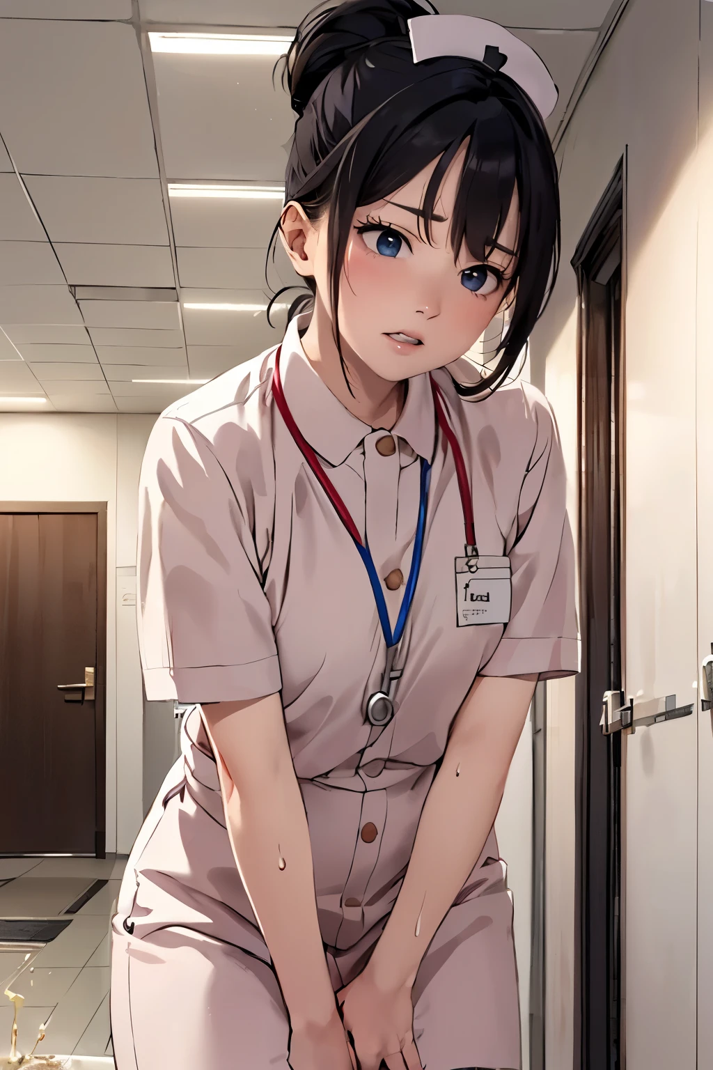 (depicting a single moment from a manga for adults), (hand-drawn), ((manga-style background)), ((a nurse, nurse-uniform, sweat)), (((round face))), drooping eyes, in the hospital corridor, ceiling, curtain, (((incontinent, humiliated, peeing))), ((embarrassing)), (hair up), 