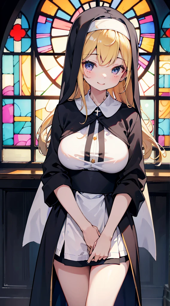 nun，nun服，黑白nun服，Colored hair，nun头巾，Big breasts，Full of figure，Close-up above the waist，Upper body close-up，Church Background，Stained window glass，Mosaic art background，nun，高开叉nun长袍，黑白Knee socks，黑白Knee socks，Knee socks，黑色过膝Silk socks，Silk socks，情趣nun服，High slit robe，New slit skirt，Silk socks，Knee socks，Flesh，nun长袍，Robe hem，Robe hem，Long hem robe，Front of robe，Long skirt，Long skirt，Long skirt，Long front robe，Front of robe，Side of the thighs，Long blond hair，blond，cute，gentle，Smile，慈爱的Smile，Wide crotch，Wide crotch，Thin waist，Flesh大腿，Robe front hem，