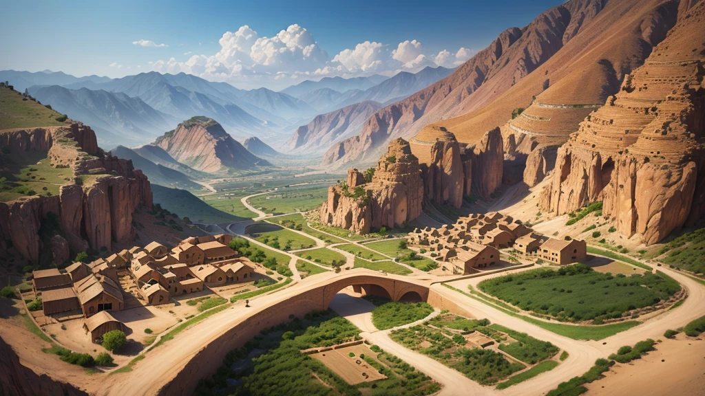 Beautiful scenery of ancient Iranian village, Aerial view, Photorealistic photos, High definition.
