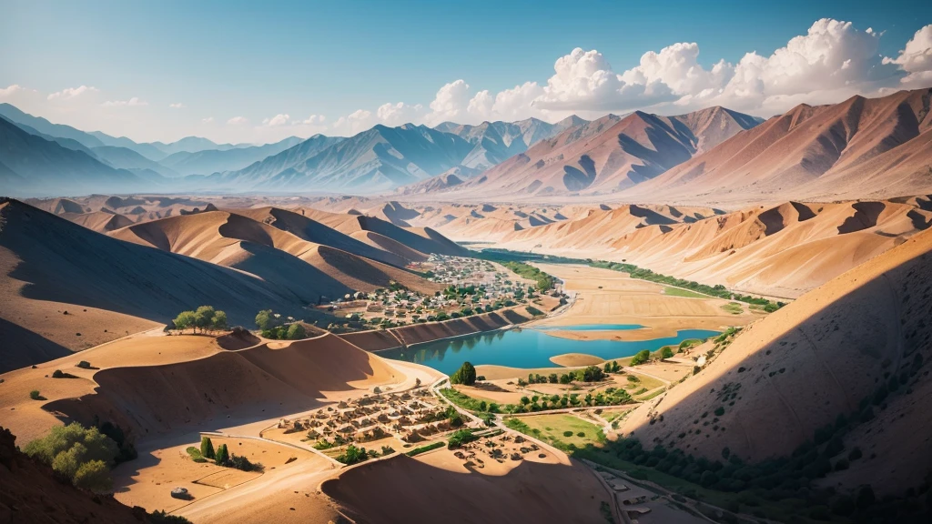 Beautiful scenery of ancient Iranian village, Aerial view, Photorealistic photos, High definition. 