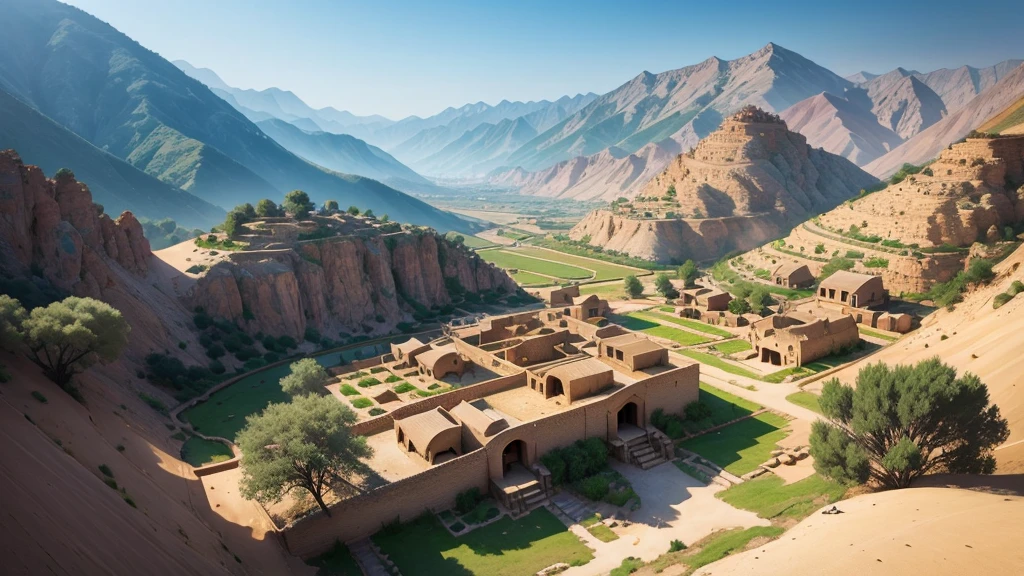 Beautiful scenery of ancient Iranian village, Aerial view, Photorealistic photos, High definition.