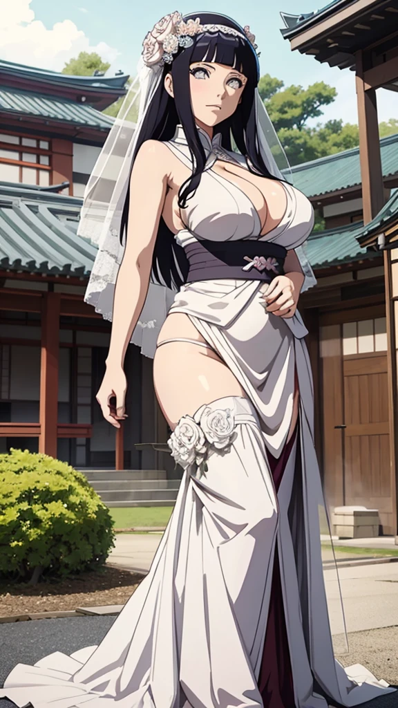 Hinata hyuga with huge breasts in a wedding dress with a huge veil neckline and bouquet in the courtyard of a Japanese temple 
