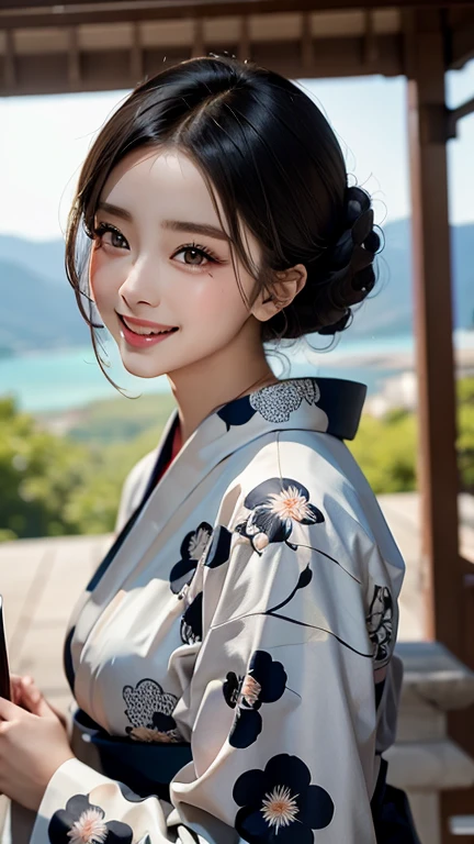 Top quality masterpiece: Beautiful woman in kimono, Black-haired, Laughter, and allure.