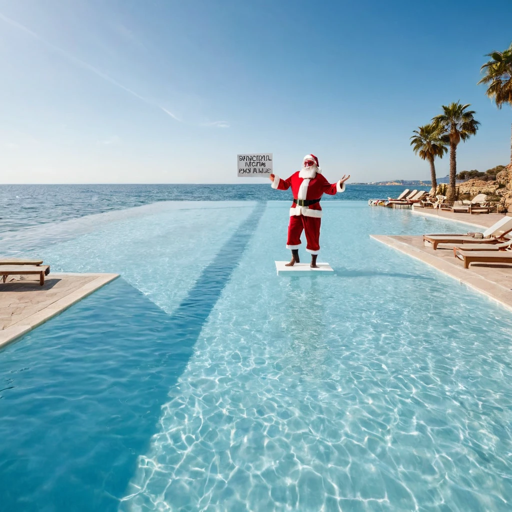 Captures an image from different angles of a swimming pool in which there are white rectangular signs floating on the water without any text, all equal and of the same size, In the center of the pool there is floating in the water a fat and smiling Santa Claus bathing with sunglasses and very happy and holding a large blank sign in his hands above his head, everything takes place under a radiant sun on a Mediterranean beach with impressive lighting for a perfect shot. professional photography, 8k, RAW photo, The best quality, masterpiece, photorealistic, Highly detailed, cinematic lighting, sharp focus, réflex digital, high resolution, photorealistic, 