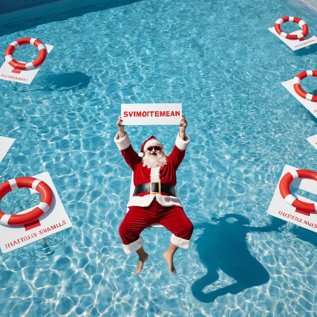 Captures an image from different angles of a swimming pool in which there are white rectangular signs floating on the water without any text, all equal and of the same size, In the center of the pool there is floating in the water a fat and smiling Santa Claus bathing with sunglasses and very happy and holding a large blank sign in his hands above his head, everything takes place under a radiant sun on a Mediterranean beach with impressive lighting for a perfect shot. professional photography, 8k, RAW photo, The best quality, masterpiece, photorealistic, Highly detailed, cinematic lighting, sharp focus, réflex digital, high resolution, photorealistic,