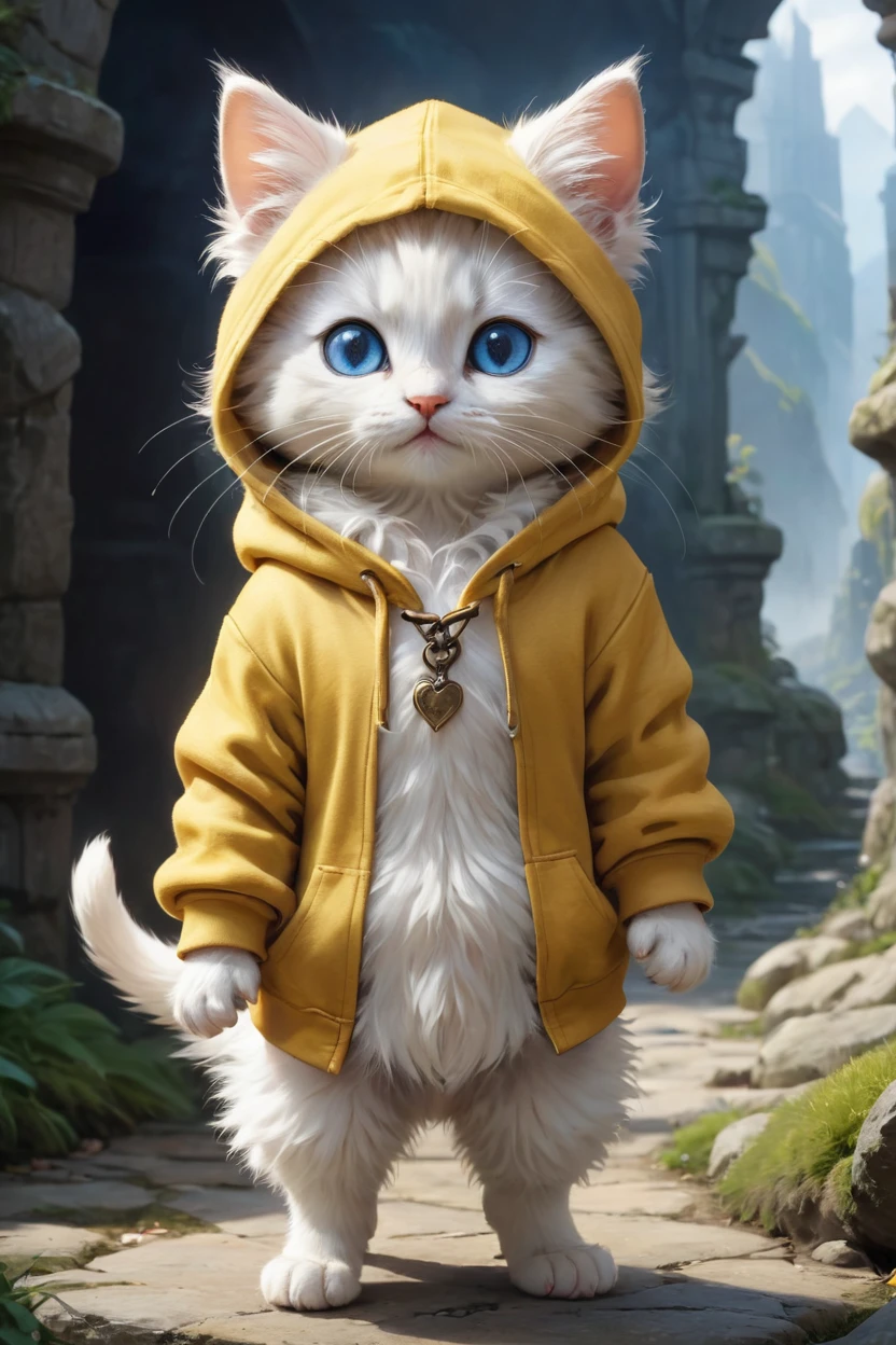 small, かわいいto be bornき物, Wearing a yellow hoodie, whole body, , Are standing, Costume, Fantasy art, Exquisite detail, Jean-Baptiste Monge Style, Alan Lee Style, Anthropomorphic blue-eyed white furry kitten, Movie Scenes, Dramatic shot angles, , Realistic, to be born々Stunning cinematic photorealism, Action Portrait, 8k, detailed, Full Frame, The background is fairy kingdom,