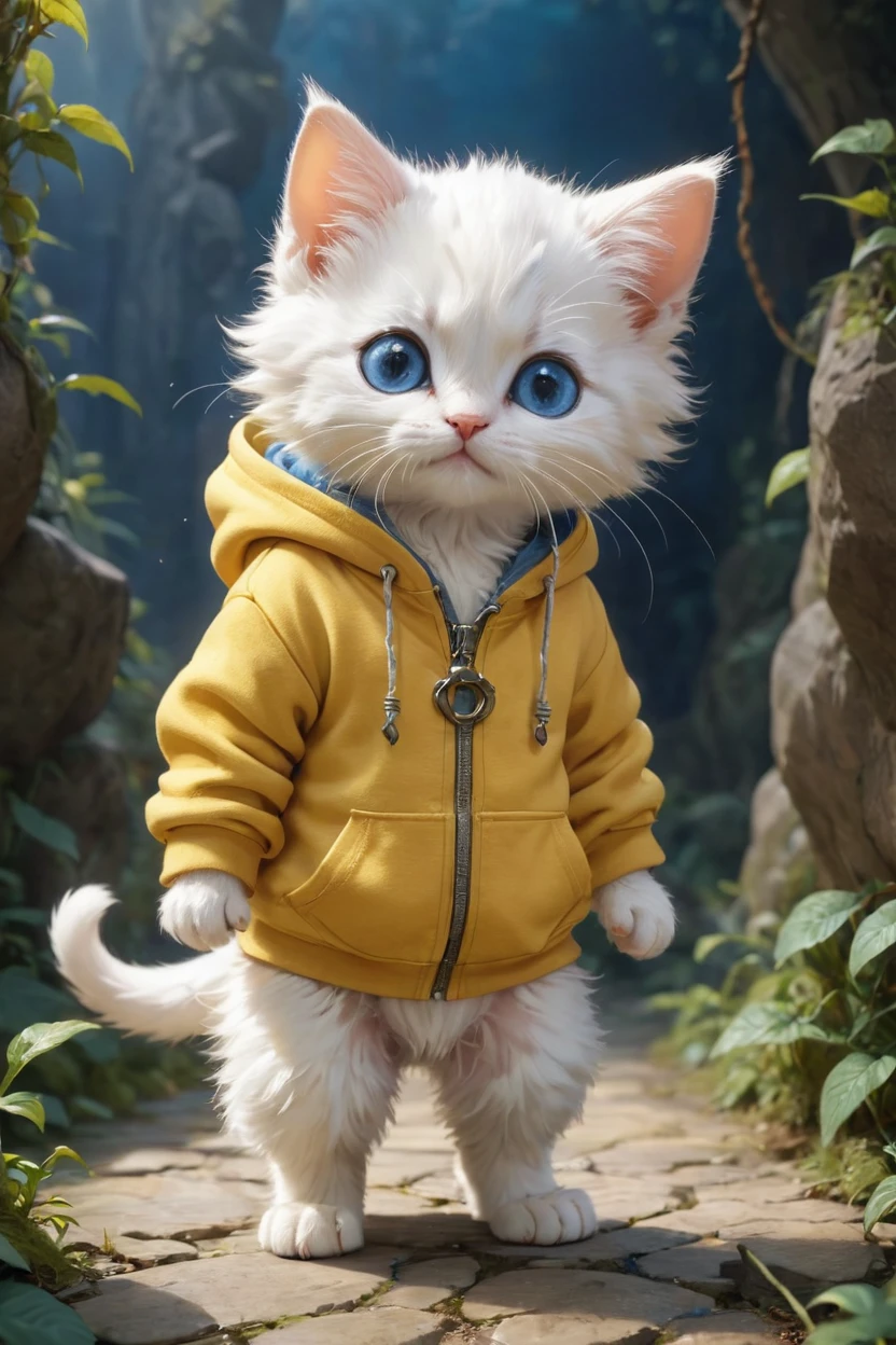 small, かわいいto be bornき物, Wearing a yellow hoodie, whole body, , Are standing, Costume, Fantasy art, Exquisite detail, Jean-Baptiste Monge Style, Alan Lee Style, Anthropomorphic blue-eyed white furry kitten, Movie Scenes, Dramatic shot angles, , Realistic, to be born々Stunning cinematic photorealism, Action Portrait, 8k, detailed, Full Frame, The background is fairy kingdom,