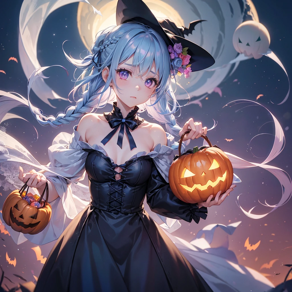 (Light blue medium hair:1.2),(Braided hair:1.2)、Pink eyes、Fair skin、cowboy shot、Halloween、The background is a pumpkin ghost、Crescent Moon、Trick or Treat、A lot of sweets、witch、Halloween night、Candy、many bat、Condescending expression、solo、(masterpiece、Highest quality、Very detailed、Best Shadow)、(Detailed Background)、(Beautifully detailed face)、High contrast、(Best lighting、Very delicate and beautiful)、(Cinematic Light)、colorful、Hyper Detail、Dramatic Light、Exquisite detail、