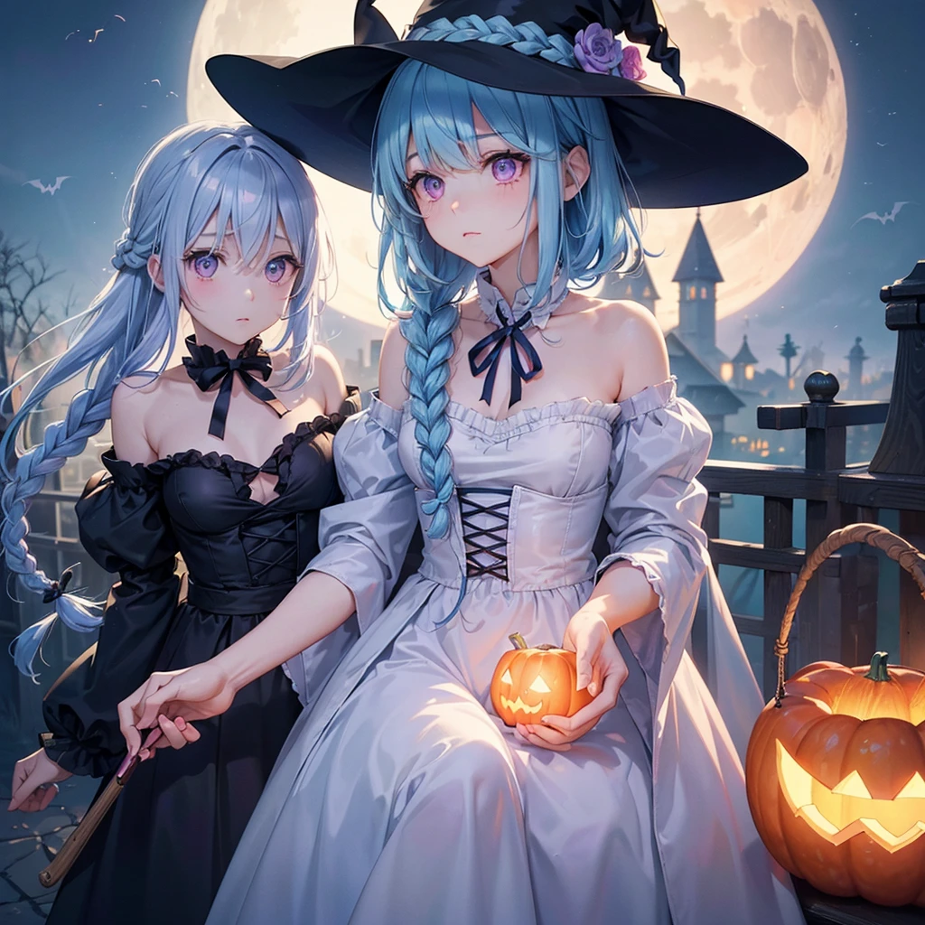 (Light blue medium hair:1.2),(Braided hair:1.2)、Pink eyes、Fair skin、cowboy shot、Halloween、The background is a pumpkin ghost、Crescent Moon、Trick or Treat、A lot of sweets、witch、Halloween night、Candy、many bat、Condescending expression、solo、(masterpiece、Highest quality、Very detailed、Best Shadow)、(Detailed Background)、(Beautifully detailed face)、High contrast、(Best lighting、Very delicate and beautiful)、(Cinematic Light)、colorful、Hyper Detail、Dramatic Light、Exquisite detail、