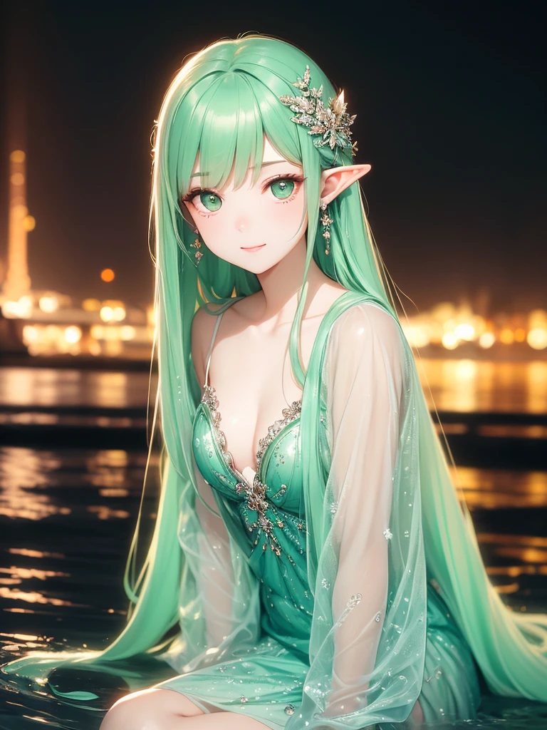 (master piece),(4k),high quality,flat chest,1girl,elf,long green hair,pale skin,beautiful detailed green eyes, (Highly detailed elegant),(girly green clothes),Detailed skin,Add a dramatic and symbolic element to your scene, Silky to the touch, Hyper Detail,romantic,captivating smile, looking at viewer,Depth of Field, (rich and colorful),(sitting by the water), surrounded by running water,The tranquil and dreamy atmosphere gives the whole scene warm and charming temperament,film lighting