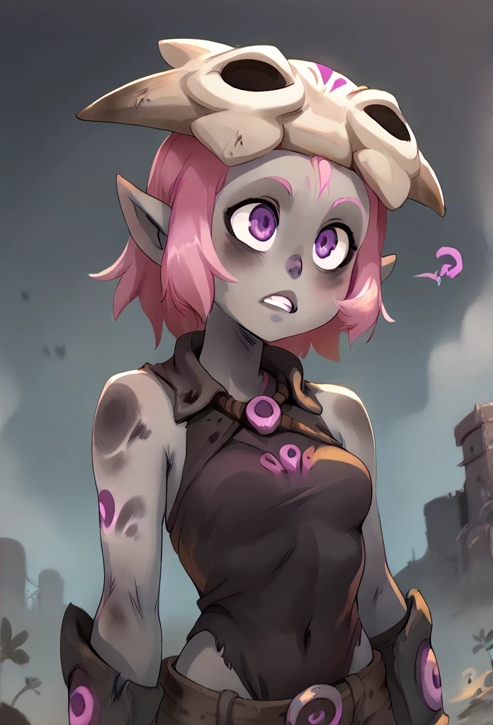 (score_9, score_8_up), score_7_up, score_6_up, score_5_up, score_4_up, Coqueline, 1girl, black skin, pale skin, grey skin, pink hair, (purple eyes), skull hat, pointy ears, wasteland, destroyed land, grey sky, dark clouds, upper body, (nosebleed), xaxaxa