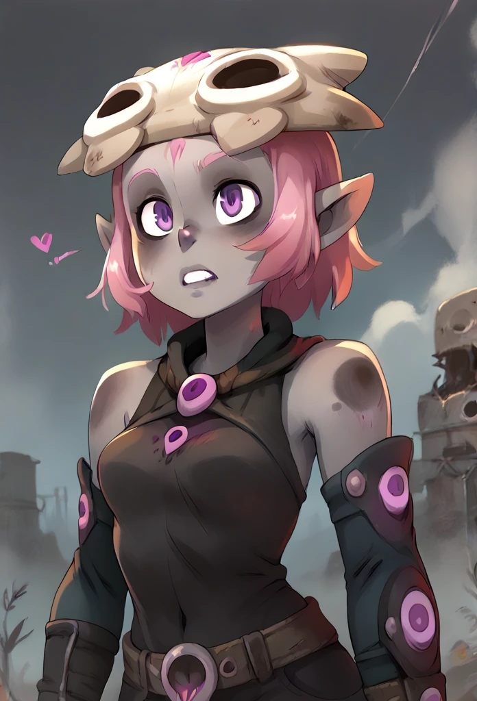 (score_9, score_8_up), score_7_up, score_6_up, score_5_up, score_4_up, Coqueline, 1girl, black skin, pale skin, grey skin, pink hair, (purple eyes), skull hat, pointy ears, wasteland, destroyed land, grey sky, dark clouds, upper body, (nosebleed), xaxaxa