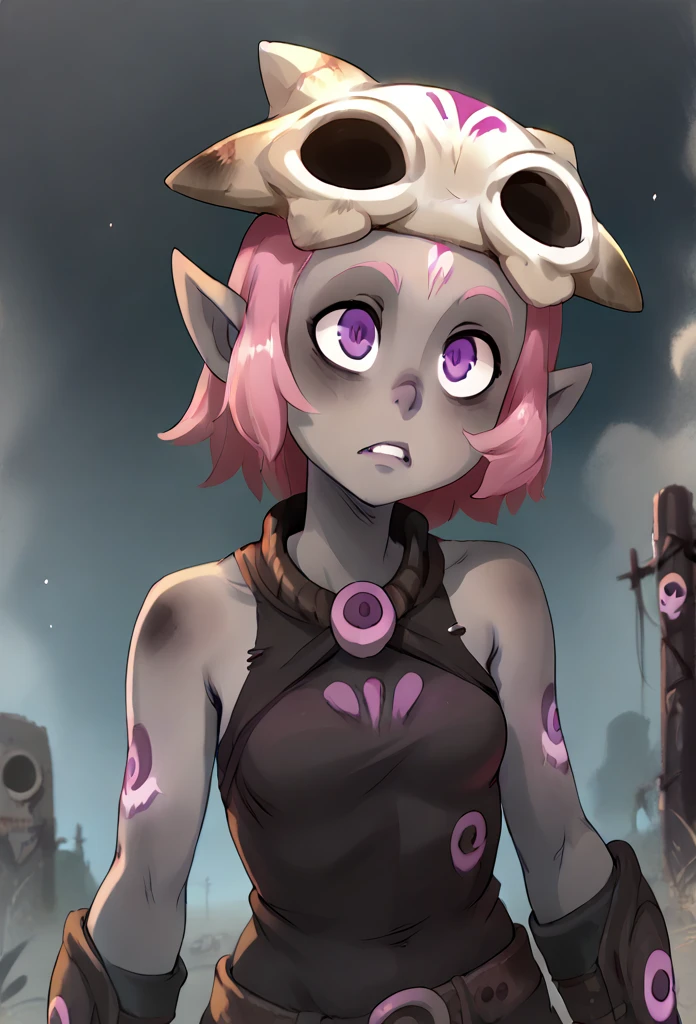 (score_9, score_8_up), score_7_up, score_6_up, score_5_up, score_4_up, Coqueline, 1girl, black skin, pale skin, grey skin, pink hair, (purple eyes), skull hat, pointy ears, wasteland, destroyed land, grey sky, dark clouds, upper body, (nosebleed), xaxaxa