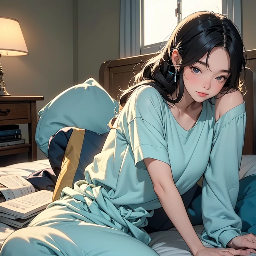 A vertical portrait of a 15-year-old Taiwanese girl, captured in a 4:5 aspect ratio. She's wearing large, over-ear headphones with a prominent "ANE//AB" logo engraved on both sides in silver. The girl has a single head, two arms, and two legs, ensuring a natural human appearance. She's dressed in light blue short-sleeved pajamas with matching shorts, adorned with cute cartoon character prints. The girl is sleeping peacefully at her desk, her head resting on an open textbook, arms crossed as a makeshift pillow. Her long, dark hair cascades over her shoulders and onto the desk.
The room is dimly lit, with a warm, soft glow emanating from a small desk lamp, creating a cozy atmosphere. The desk is cluttered with study materials - textbooks, notebooks, pens, and a laptop pushed to the side. A tall window on the left reveals a glimpse of a quiet Taiwanese street at night, with traditional lanterns visible in the distance.
In the corner of the room, a fluffy golden retriever is curled up in a plush dog bed, sleeping soundly. The scene is rendered in a Lo-fi anime style, with a color palette dominated by deep ambers and muted emeralds, giving the image a nostalgic and dreamy quality.