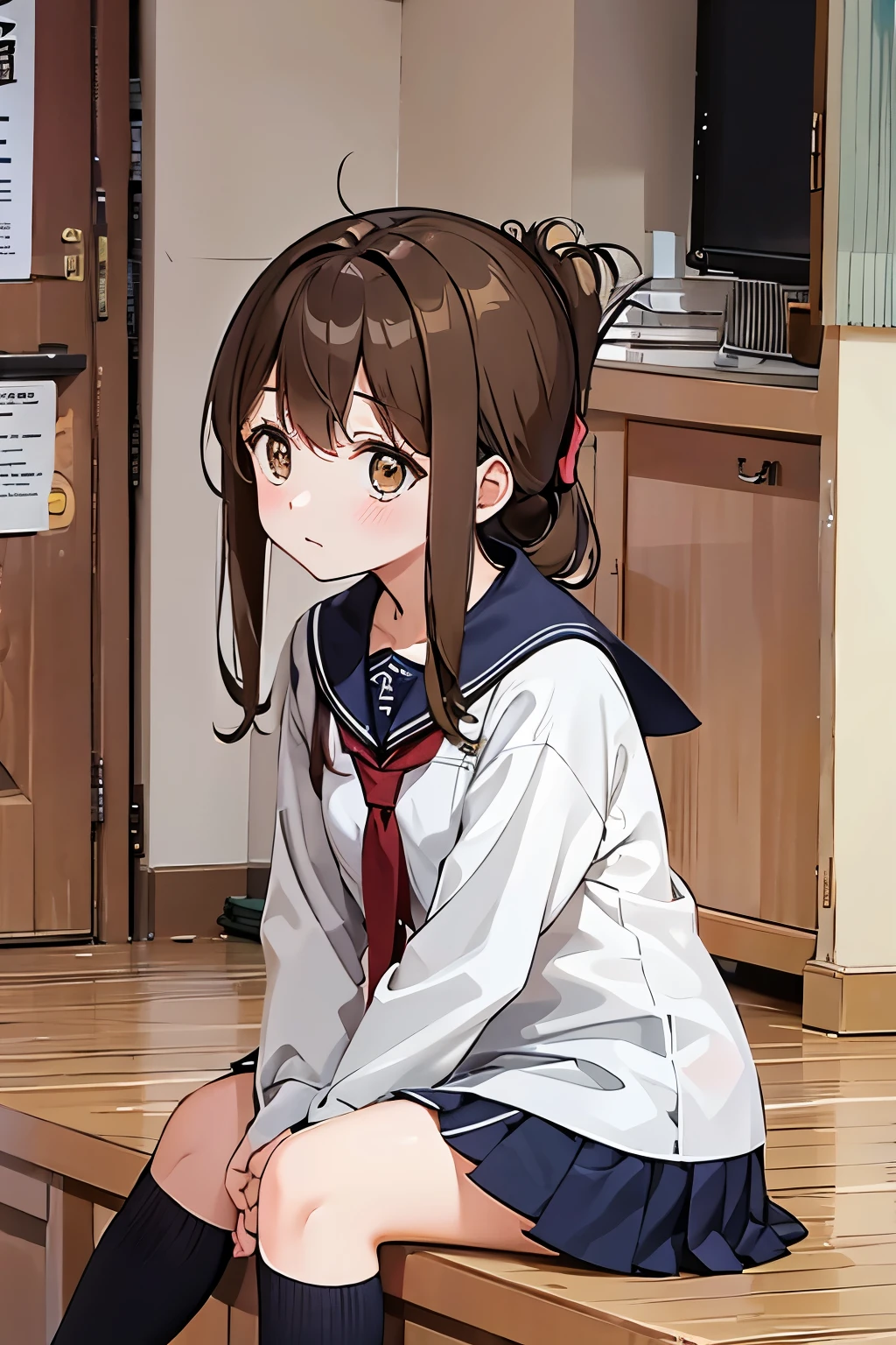 A female student in a sailor uniform sitting on the floor of the gymnasium and watching a physical education class because she feels unwell,(masterpiece, best quality:1.2),illustration,8k,HD,1girl,独奏,upper body,(portrait:1.2),brown_hair,folded_ponytail,brown_eyes,serafuku,long_hair,school_uniform,skirt,pleated_skirt,