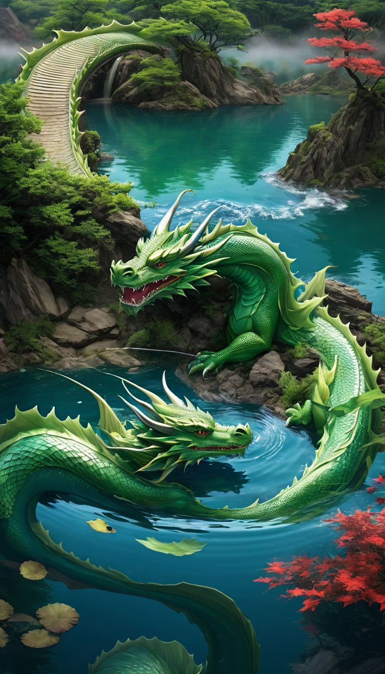 Panorama,There is a creature in the water,Dragon's Body,Tiger's head(best quality,4K,8k,High level,masterpiece:1.2),Ultra Detailed,(lifelike,Photo real,Photo real:1.37),Highly detailed animals,Complex patterns,Realistic lighting,Fantasy Creatures