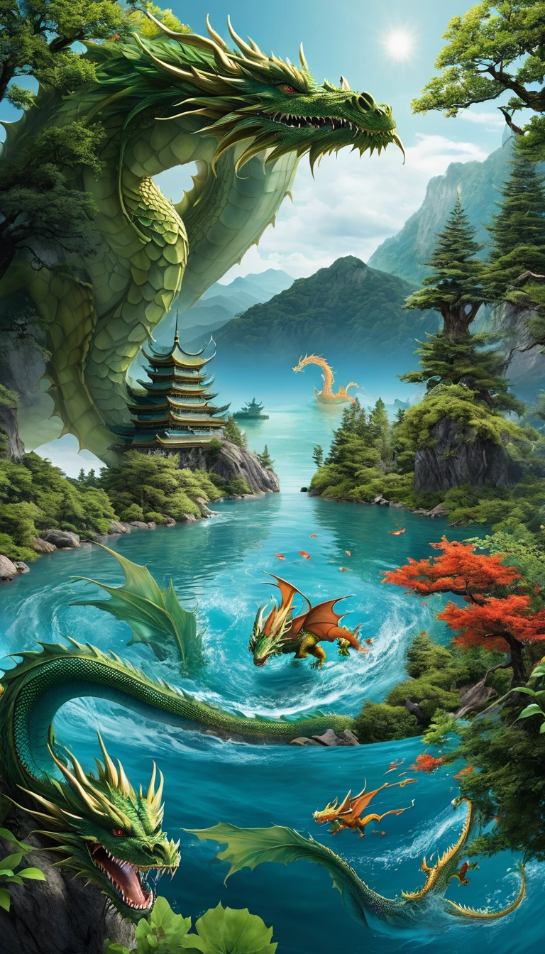 Panorama,There is a creature in the water,Dragon's Body,Tiger's head(best quality,4K,8k,High level,masterpiece:1.2),Ultra Detailed,(lifelike,Photo real,Photo real:1.37),Highly detailed animals,Complex patterns,Realistic lighting,Fantasy Creatures