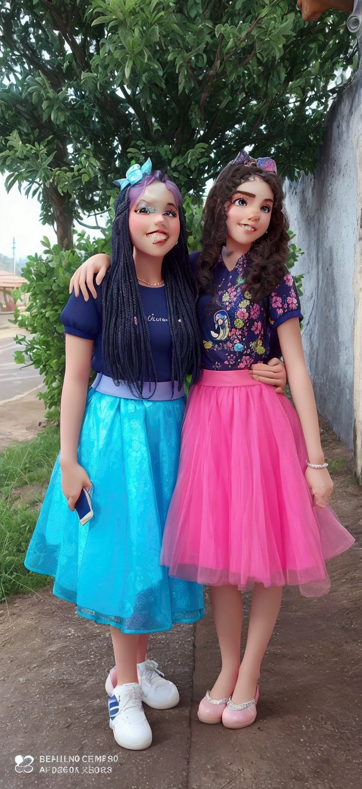 beautiful girls with skirts, beautiful, pink and blue color, in fashionable, blue and pink clothes with disney magic