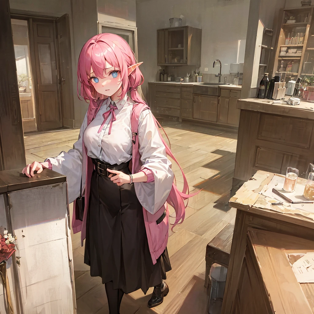 A girl who has short pink hair that reaches past her neck, she has some decorations in her hair and has pointy elf ears, she has pink eyebrows and her hairlines are also pink, the pupils of her eyes are a very bright blue color, she has a young face similar to her body she is standing in the kitchen with a cute sleepy face and has just woken up with a cup of coffee in her hand she is 16 years old and has a young body but it is not voluminous, it just has curves she is wearing a long white sweater