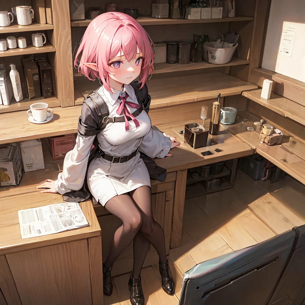 A girl who has short pink hair that reaches past her neck, she has some decorations in her hair and has pointy elf ears, she has pink eyebrows and her hairlines are also pink, the pupils of her eyes are a very bright blue color, she has a young face similar to her body she is standing in the kitchen with a cute sleepy face and has just woken up with a cup of coffee in her hand she is 16 years old and has a young body but it is not voluminous, it just has curves she is wearing a long white sweater