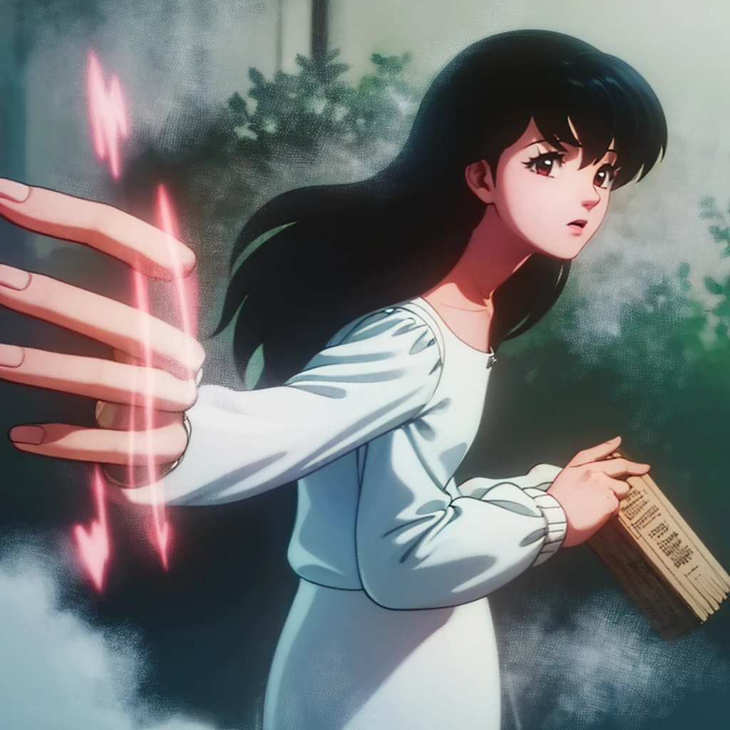 masterpiece, best quality, ultra-detailed, high resolution, photorealistic, 1 girl, nude, naked, standing, holding a book with both hands, surprised expression, realistic skin, detailed facial features, beautiful eyes, long eyelashes, small nose, detailed lips, black hair, flat chest, (pussy:1.5), soft lighting, warm color palette, cinematic composition