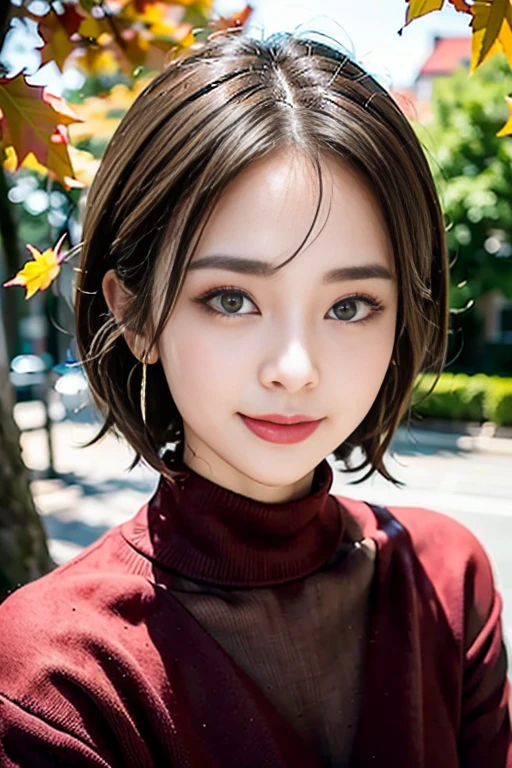 sitting on a park bench、(RAW shooting), (((Overall image)))、３５age、((Red sweater with high neck))、White scarf around neck、Long thin earrings、Round eyes、Cheek on ear、correct、make、smile、Biting the lower lip、（((Close one eye and wink)))、Soft lips、誘惑的なsmile、Sparkle、Darker lipstick、Cheek on nose、(Autumn leaves)、((Watery eyes))、Asymmetrical Hair、Real Skin、Blonde Hair、Very realistic,Gray Hair、Messy Hair、Hair behind the ear、Floating Hair、Short Hair、Boyish Hair、Blunt bangs、Drop Shadow、Hyperrealism、Contemporary Art、shine、reflected light、Ultra Wide Angle、16K、Super detailed、最high quality、uhd、Anatomically correct、Awards、最high quality、Ultra high detail、high quality、High resolution、Textured skin、correct、masterpiece、((Cold Pose：1))、(((Shoot from different distances and angles:1.5)))、Super close-up of the face