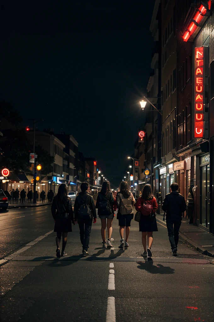 A city street with people walking, red lights