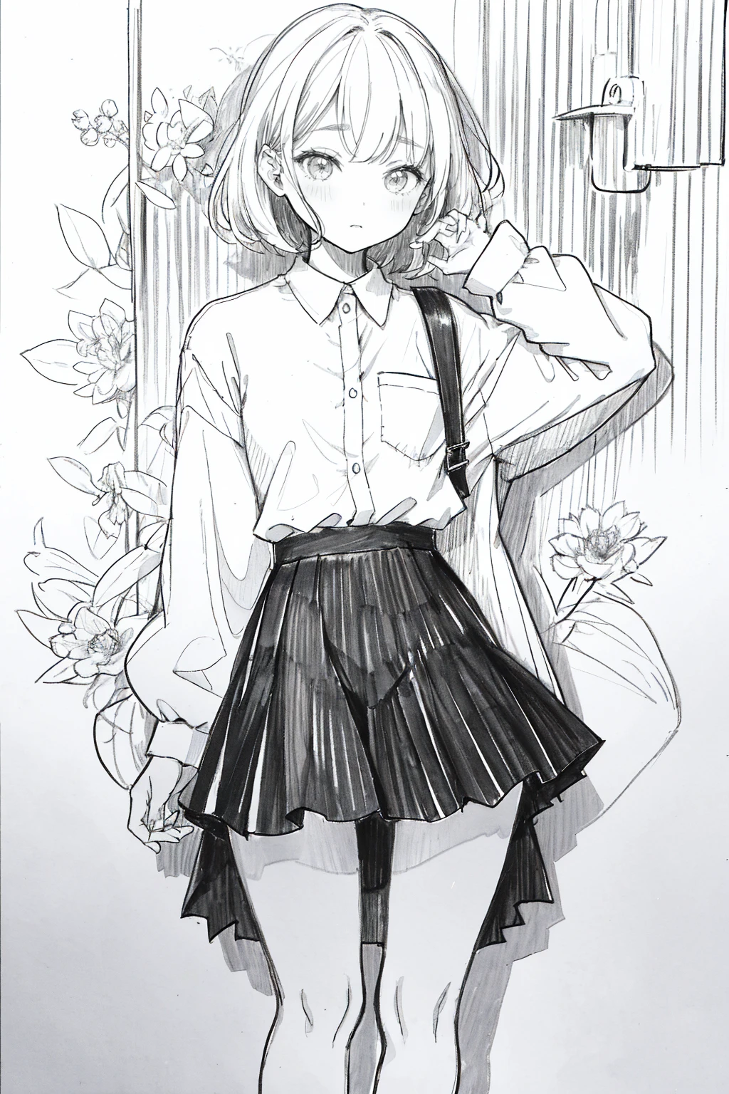One Girl,Line art,Monochrome,sketch,Pencil drawing,Traditional Media,One Girl, 黒いskirtフェンス, Long Hair Shirt, Long sleeve, skirt, alone、Are standing、Cute Teenage Girl, ,Beautiful portrait、Delicate body、Whole Body Ezbian、saw、ru、Bob、short hair、Patsun