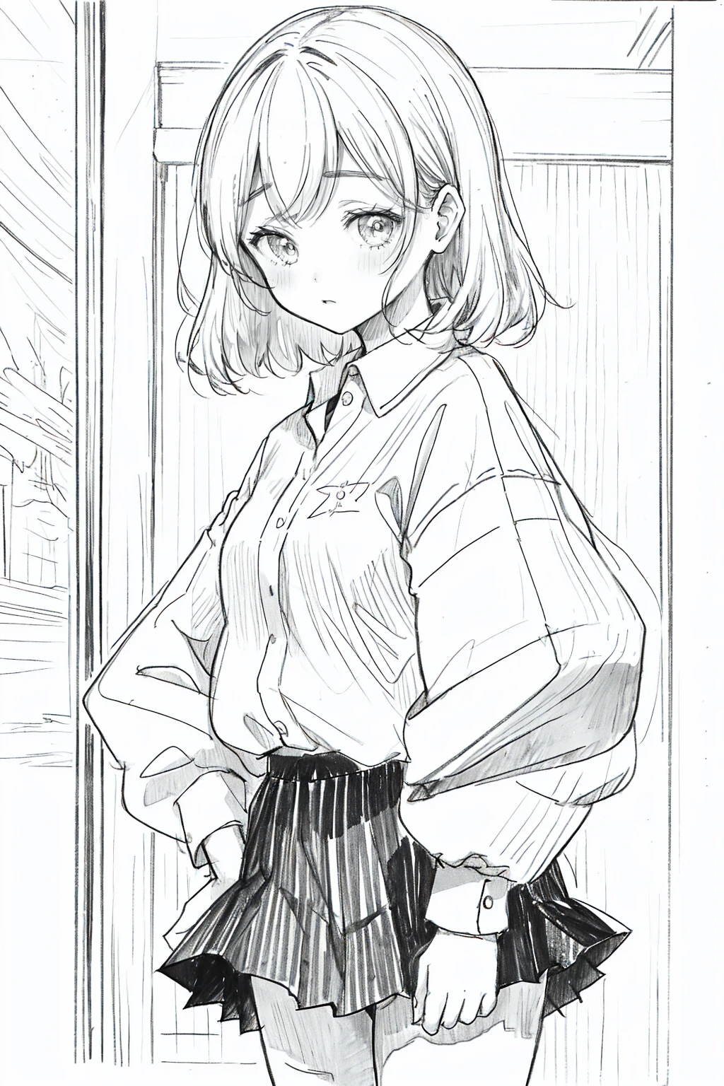One Girl,Line art,Monochrome,sketch,Pencil drawing,Traditional Media,One Girl, 黒いskirtフェンス, Long Hair Shirt, Long sleeve, skirt, alone、Are standing、Cute Teenage Girl, ,Beautiful portrait、Delicate body、Whole Body Ezbian、saw、ru、Bob、short hair、Patsun