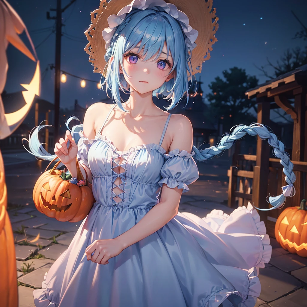 (Light blue medium hair:1.2),(Braided hair:1.2)、Pink eyes、Fair skin、cowboy shot、Halloween、The background is a pumpkin ghost、Crescent Moon、Trick or Treat、A lot of sweets、witch、Halloween night、Candy、many bat、Condescending expression、solo、(masterpiece、Highest quality、Very detailed、Best Shadow)、(Detailed Background)、(Beautifully detailed face)、High contrast、(Best lighting、Very delicate and beautiful)、(Cinematic Light)、colorful、Hyper Detail、Dramatic Light、Exquisite detail、